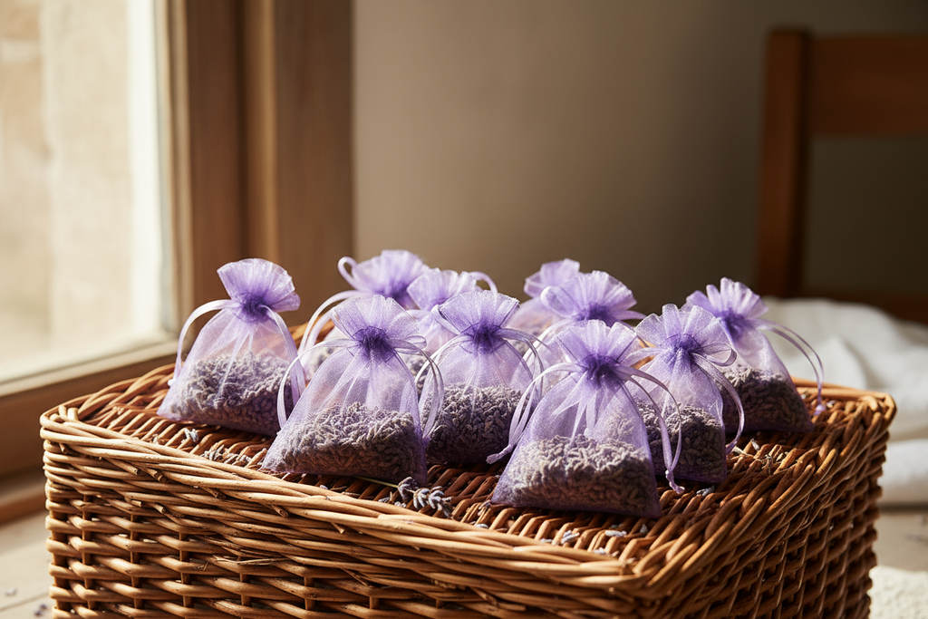 Sacchetti di lavanda in organza viola adagiati su un cestino 