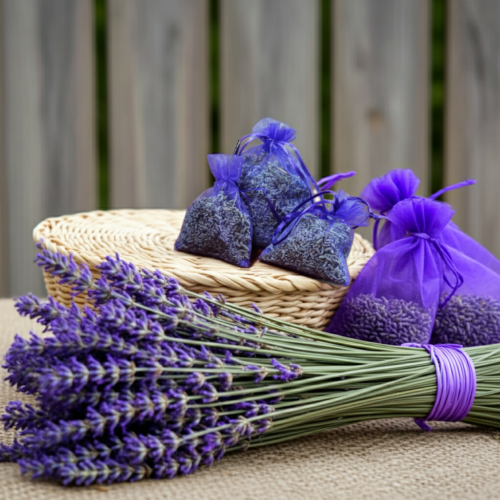Sacchetti in organza che racchiudono un profumo di lavanda. Profumatore naturale per la casa, armadio, cassetti